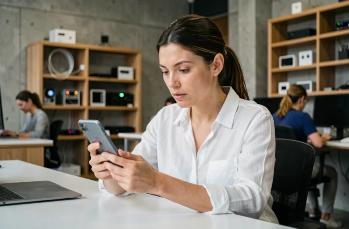 Femme découvrant un smartphone pliable dans un studio tech moderne aux murs en béton