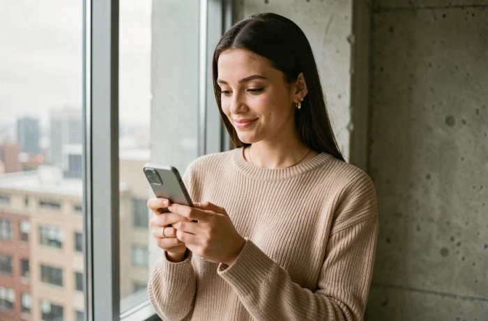 Jeune femme tenant un smartphone moderne près d'une fenêtre dans un appartement contemporain, illustrant les tendances mobiles 2024