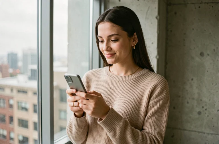 Jeune femme tenant un smartphone moderne près d'une fenêtre dans un appartement contemporain, illustrant les tendances mobiles 2024