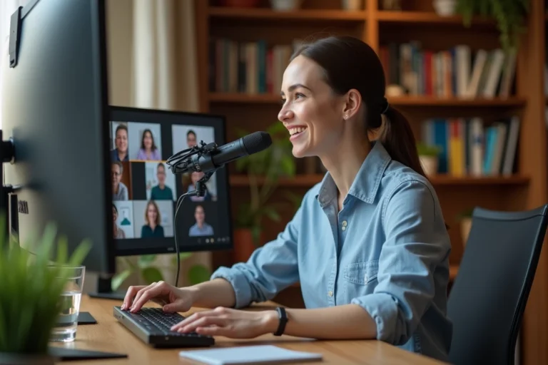 Femme utilisant une plateforme de streaming Voplav depuis son bureau à domicile pour une réunion en ligne professionnelle