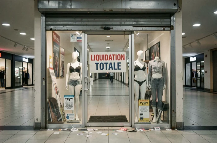 Devanture fermée d'une boutique de prêt-à-porter avec panneau de liquidation totale dans un centre commercial vide