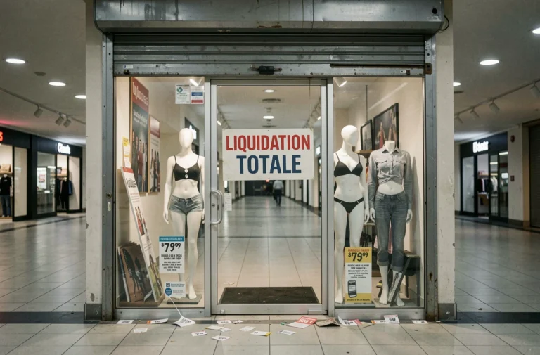 Devanture fermée d'une boutique de prêt-à-porter avec panneau de liquidation totale dans un centre commercial vide