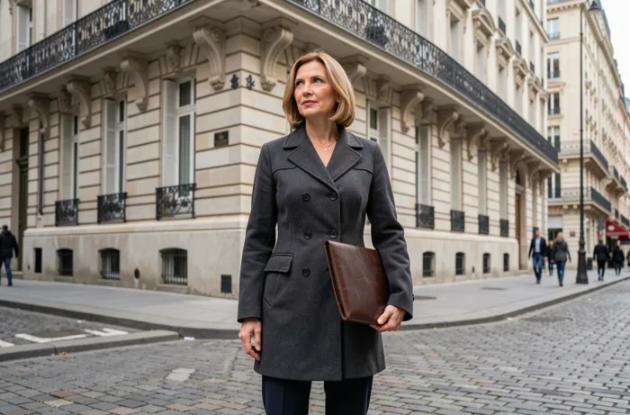 Femme professionnelle élégante devant un immeuble haussmannien parisien, évoquant le parcours et la carrière de Florence Kieffer