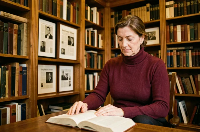 Femme distinguée dans une bibliothèque classique consultant des ouvrages, illustration du parcours biographique et de l'âge de Florence Kieffer