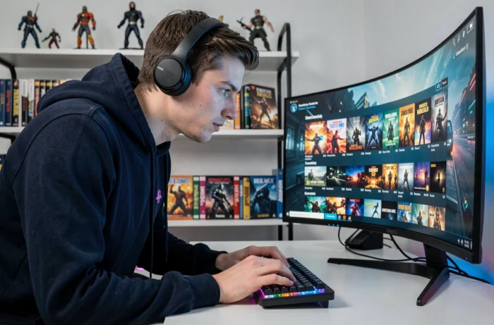 Jeune gamer concentré devant un écran ultrawide avec un casque sans fil dans une configuration gaming moderne