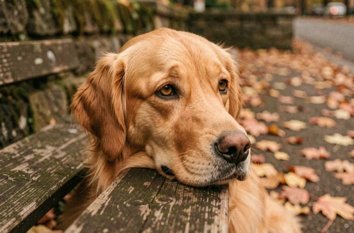 Un golden retriever posant son museau sur un banc en bois dans un parc automnal, regard doux et expressif