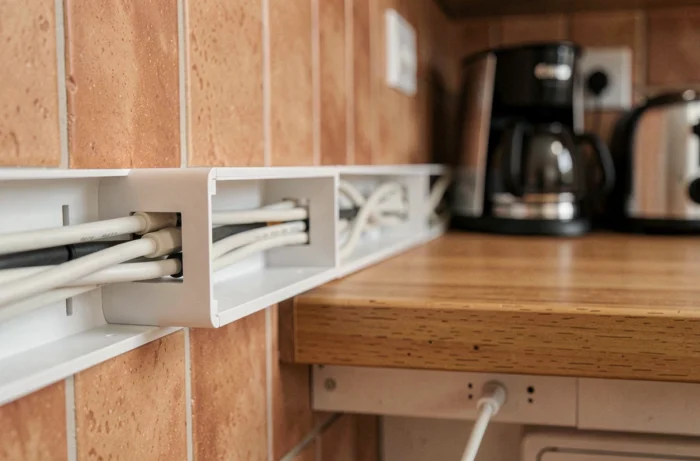 Goulotte d'alimentation PVC blanche installée sur un mur de cuisine avec câbles électriques organisés et multiprise intégrée