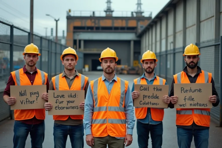 Groupe d'ouvriers en gilets fluorescents tenant des pancartes de grève devant l'entrée d'une usine industrielle