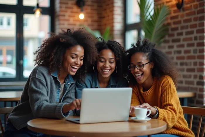 Groupe de jeunes professionnels discutant d'opportunités de carrière autour d'un ordinateur portable dans un café urbain