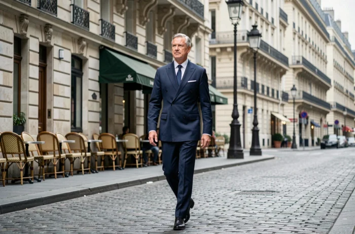 Homme d'affaires élégant marchant sur un boulevard parisien, évoquant le parcours entre Hollywood et Paris d'un entrepreneur de l'industrie du divertissement