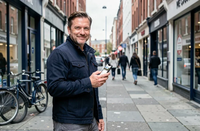 Homme utilisant une application de petites annonces locales sur smartphone dans une rue commerçante en ville
