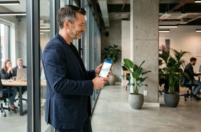 Homme consultant une application de gestion financière innovante sur smartphone dans un espace de coworking