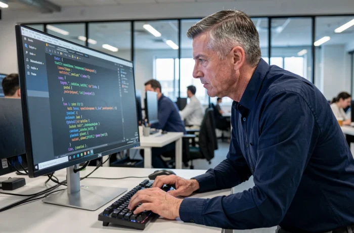 Homme en bureau open space utilisant un éditeur de texte pour insérer un espace vide invisible