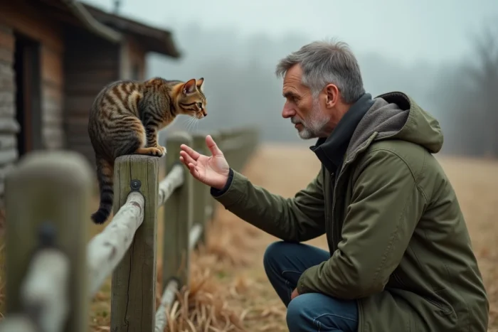 Homme interagissant avec un chat tigré dans un refuge animalier rural en automne