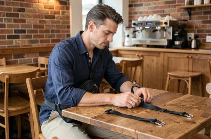 Homme comparant différentes longueurs de sangles pour sac banane dans un café
