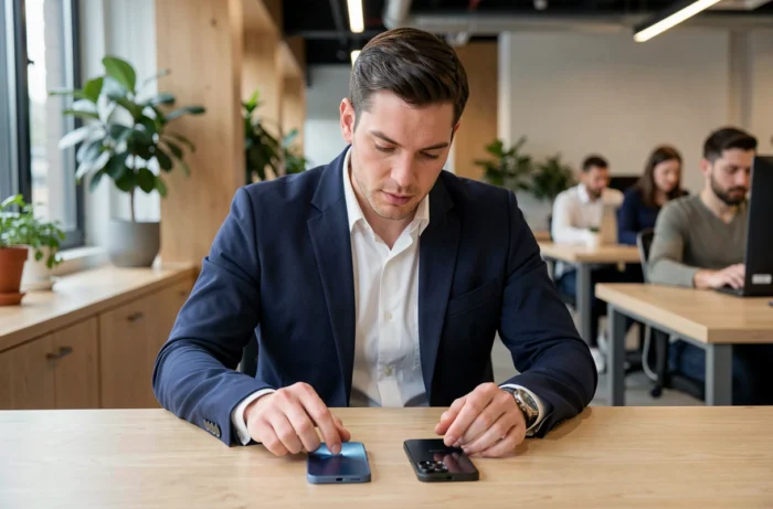 Homme en veste bleue comparant deux smartphones haut de gamme dans un espace de coworking moderne, tendances téléphonie 2024