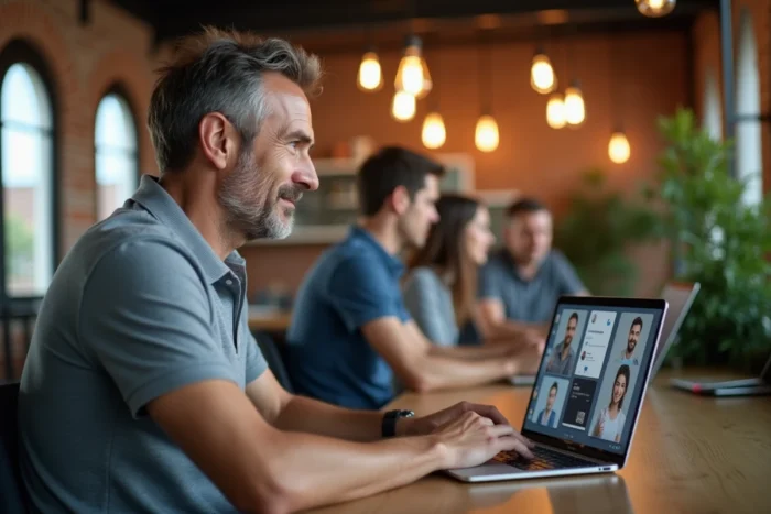 Homme en espace de coworking utilisant Voplav pour du streaming collaboratif et des communications en ligne
