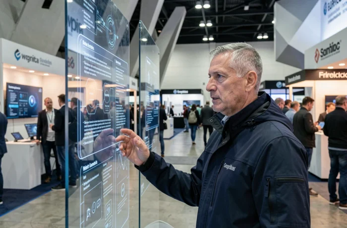 Homme interagissant avec un écran interactif transparent lors d'un salon technologique
