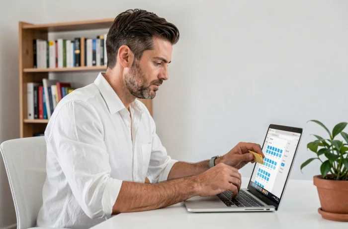 Homme organisant les dossiers de son webmail Convergence Bordeaux depuis un bureau à domicile
