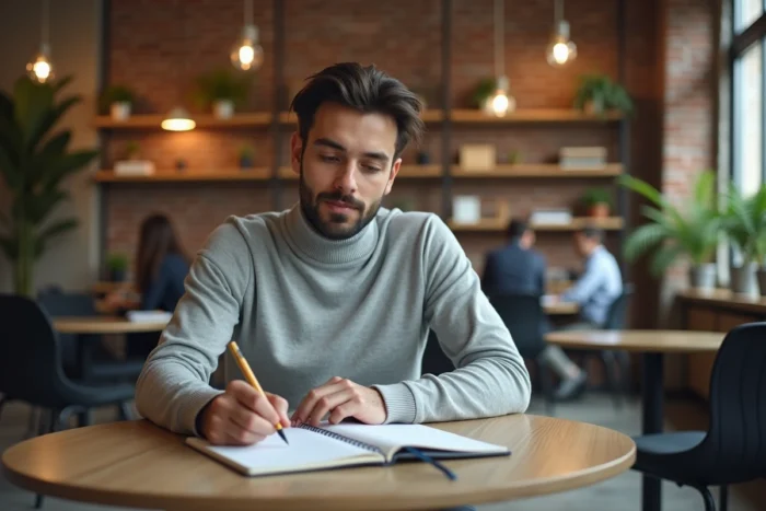 Homme préparant ses attentes de formation avant un entretien professionnel dans un espace de coworking