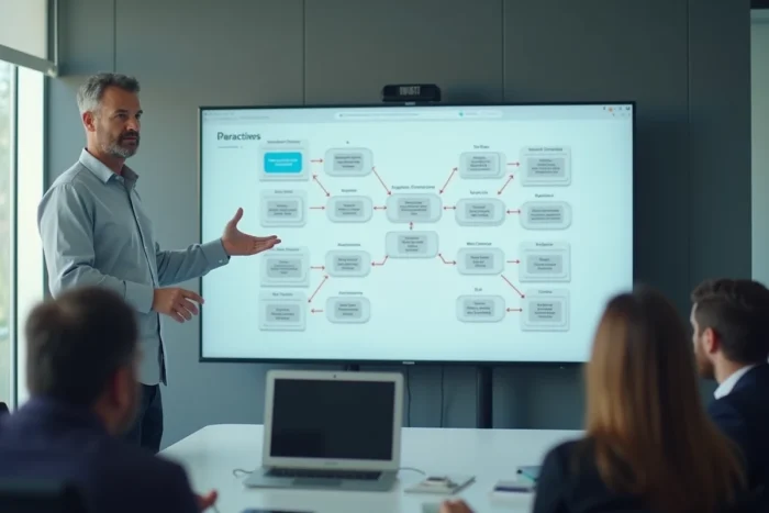 Homme présentant l'architecture d'un plan de site sur un écran numérique en salle de réunion