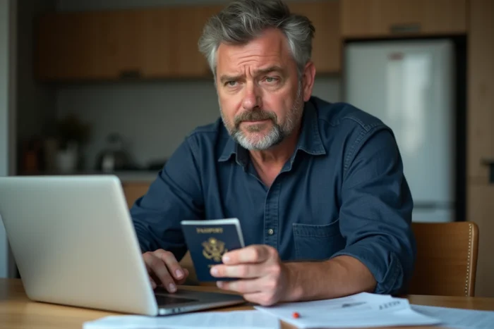 Homme assis à une table de cuisine tenant un passeport et faisant des recherches sur un ordinateur portable pour vérifier si conserver son passeport au congélateur est utile ou un mythe