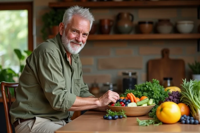 Homme senior de 68 ans préparant un repas sain avec des légumes frais dans une cuisine rustique pour bien vieillir