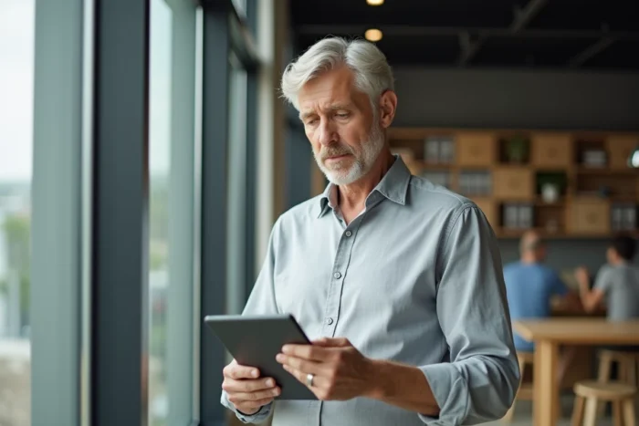 Homme senior consultant une application de retraite complémentaire IRCEM sur une tablette