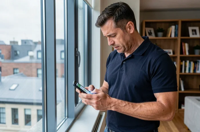 Homme consultant son smartphone pour joindre le service client Sosh depuis son appartement