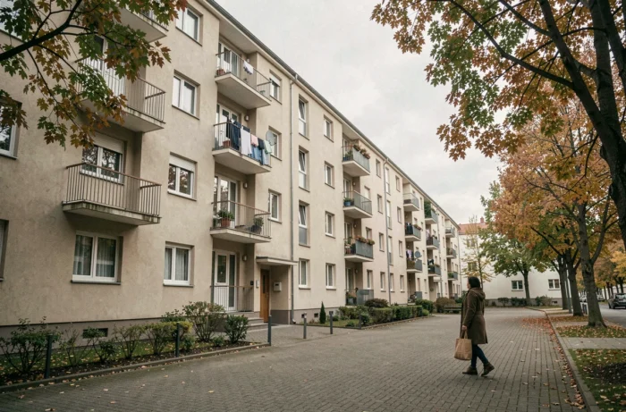 Immeuble de logement social HLM avec résidente en France illustrant l'accès au logement prioritaire via Syplo