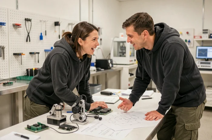 Deux ingénieurs collaborant sur des prototypes de robots IA dans un laboratoire de recherche moderne