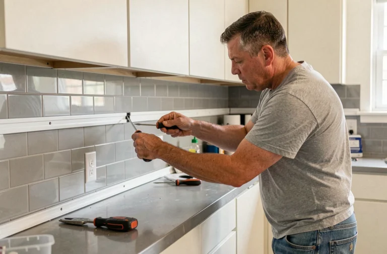Homme installant une goulotte d'alimentation blanche sur le carrelage d'une cuisine moderne lors d'un projet de bricolage