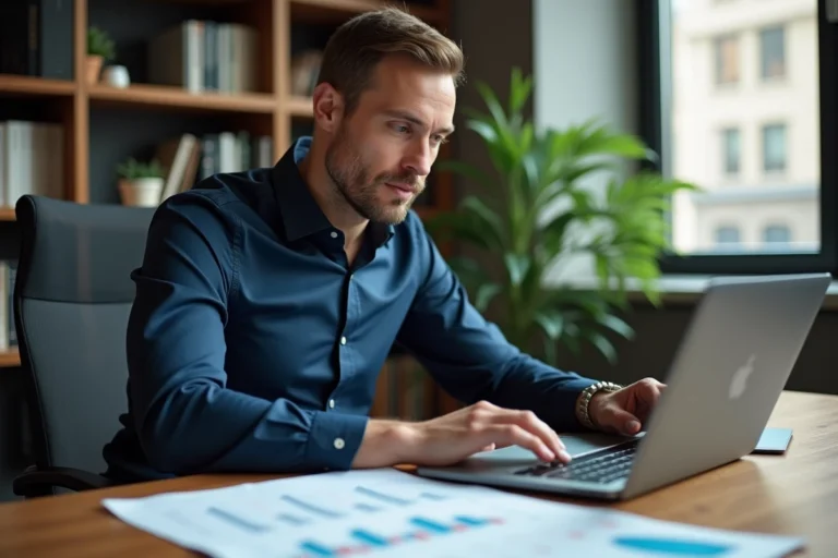 Homme d'affaires analysant des graphiques boursiers sur un bureau en bois dans un bureau à domicile