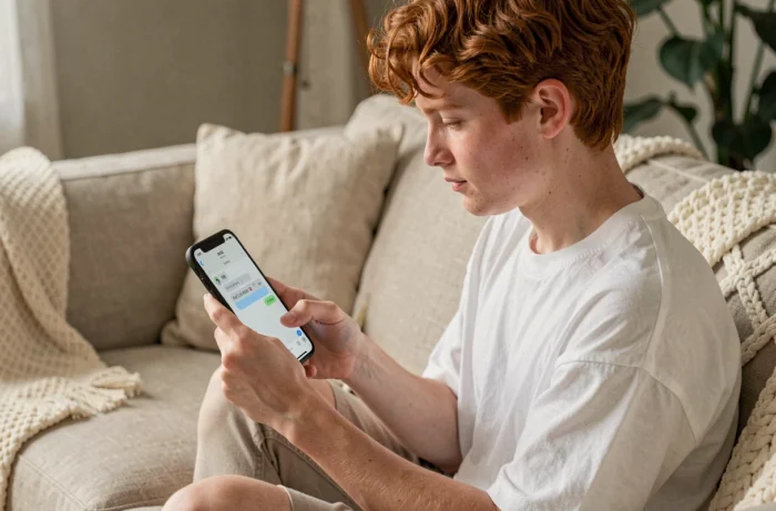 Jeune personne sur canapé copiant un caractère espace invisible dans une application de messagerie sur smartphone