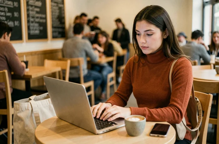 Jeune femme dans un café recherchant comment contacter un conseiller Sosh par téléphone