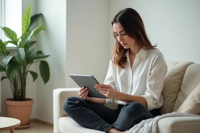 Jeune femme explorant un plan de site sur une tablette depuis son canapé à la maison