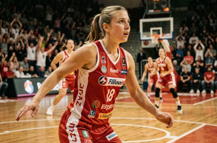 Joueuse de basket-ball professionnelle en plein tir dans une salle comble lors d'un match important de la saison sportive 2024
