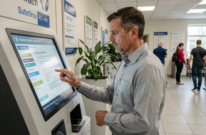 Homme consultant un kiosque numérique dans le hall d'un service de santé public pour envoyer ses documents
