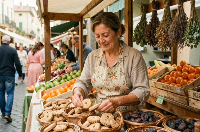 Vendeuse corse au marché d'Ajaccio proposant des canistrelli et des figues séchées traditionnelles