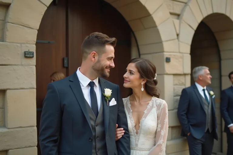 Couple élégant échangeant un regard complice devant une mairie en pierre lors d'un mariage discret