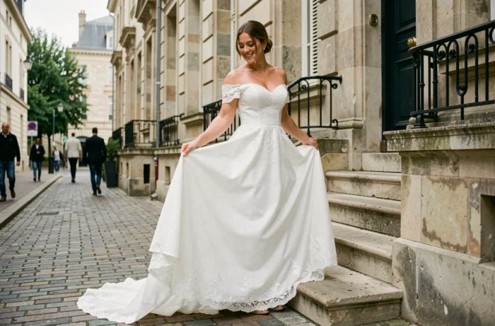 Mariée en robe de mariée blanche fluide posant sur les marches d'un bâtiment en pierre de Nantes, sourire naturel et robe longue avec traîne