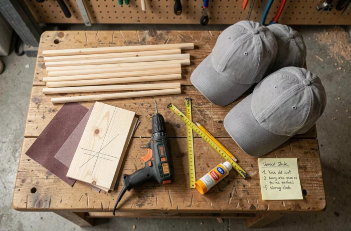 Vue de dessus des matériaux nécessaires pour fabriquer un support à casquettes fait maison sur un établi en bois