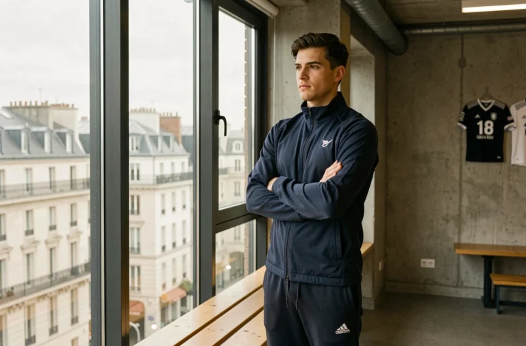 Portrait de Matthis Abline joueur de football français en tenue d'entraînement dans un vestiaire moderne