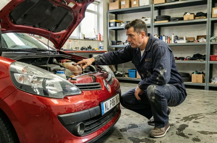 Mécanicien inspectant le circuit de refroidissement d'une Renault Clio 3
