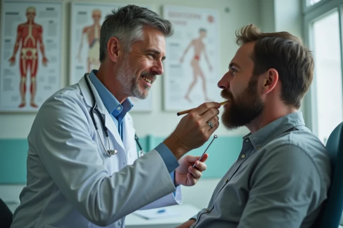 Médecin généraliste examinant la gorge d'un patient adulte lors d'une consultation pour angine rouge ou blanche