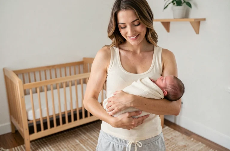 Jeune mère tenant tendrement son nouveau-né emmailloté dans une chambre de bébé cosy et apaisante