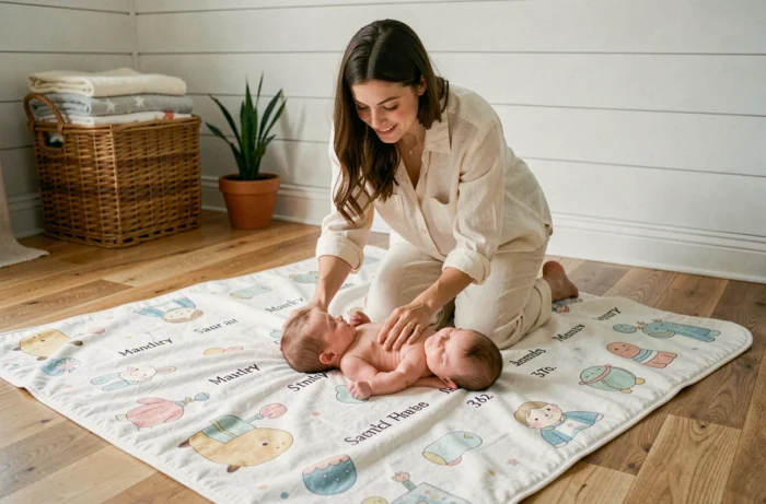 Mère posant son bébé sur une couverture étape illustrée avec repères mensuels dans un salon cosy