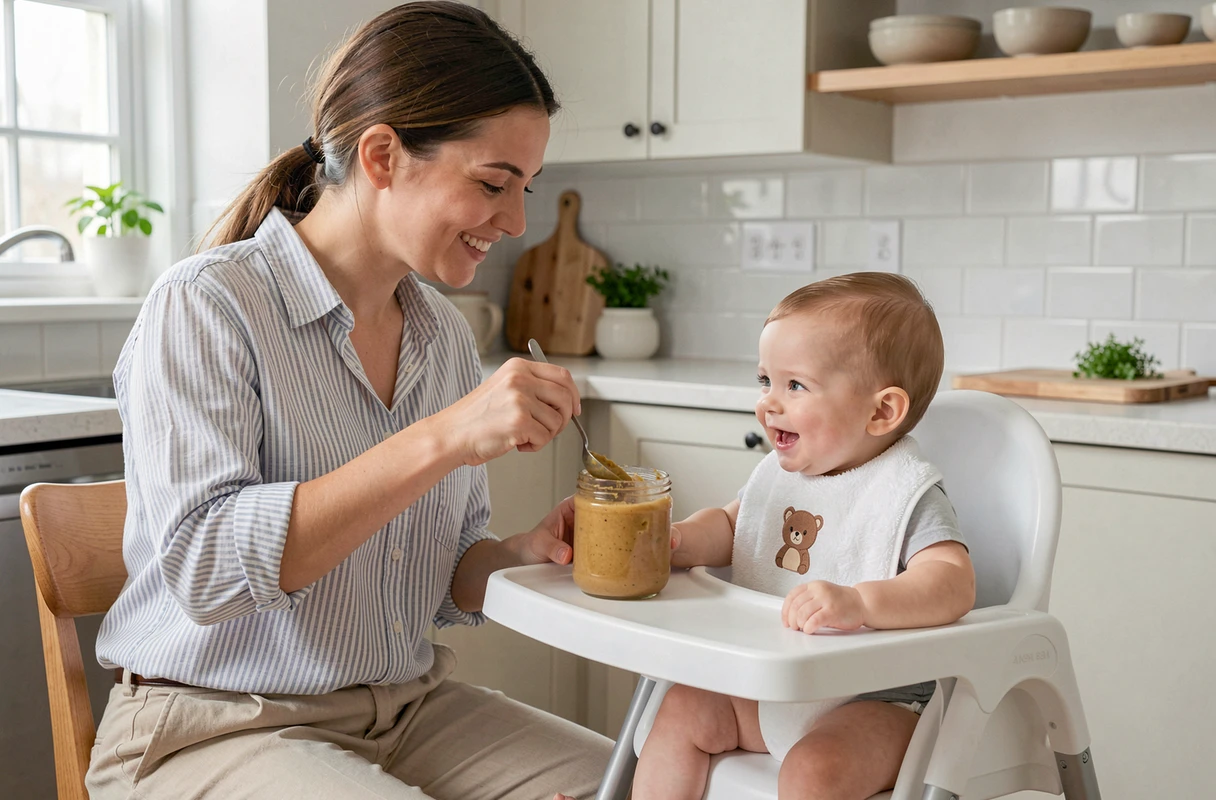 Mère donnant la première purée à son bébé installé dans une chaise haute dans une cuisine familiale moderne