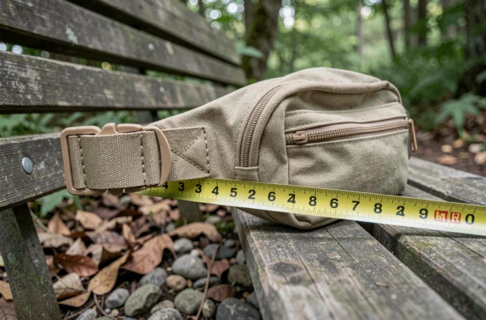 Mesure de la longueur idéale de sangle d'un sac banane en toile beige sur un sentier de randonnée