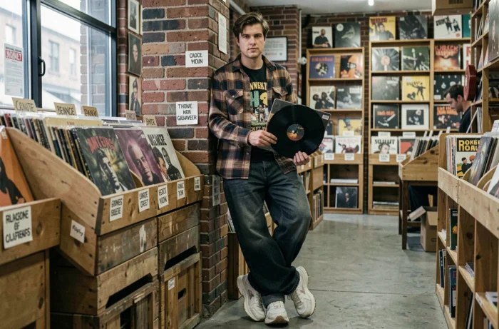 Homme en jean baggy et chemise flanelle à carreaux dans un magasin de disques vintage, tendance mode grunge années 1990
